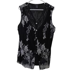 Appointments Black Floral Embellished Button Front Sleeveless Blouse Top Size 1X